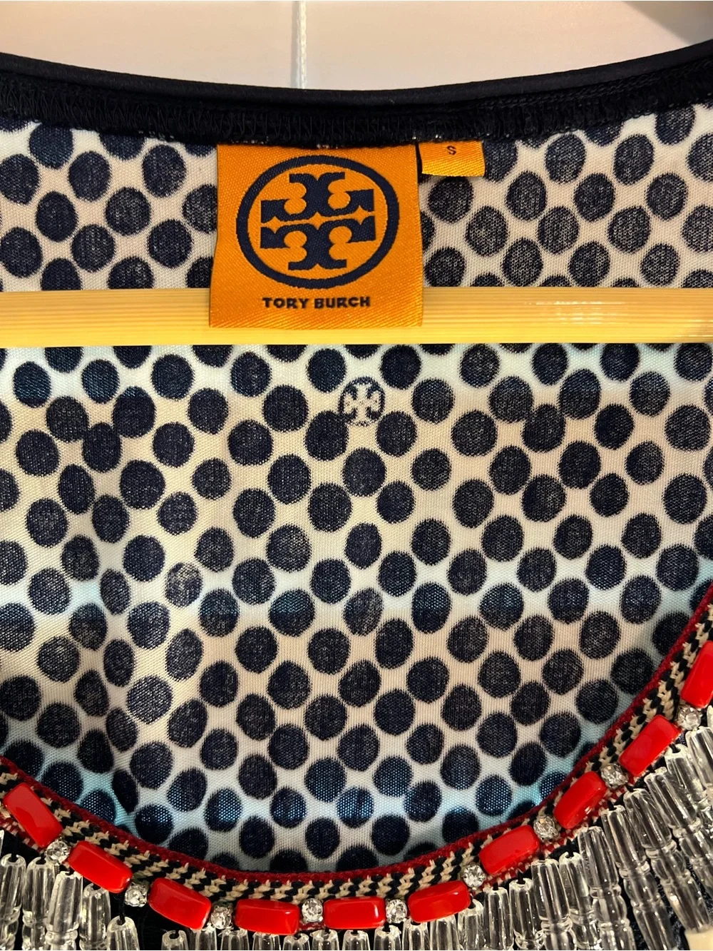 Tory Burch Black & White Polka Geometric Midi Dress with Beaded Fringe